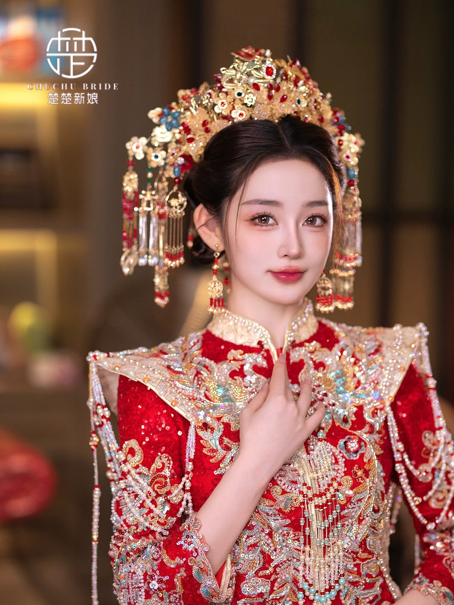 Crimson Majesty - Hanfu Crown Gold Red Luxury Bridal Phoenix Tiara for Xiuhe & Palace Hanfu Wedding Headpiece