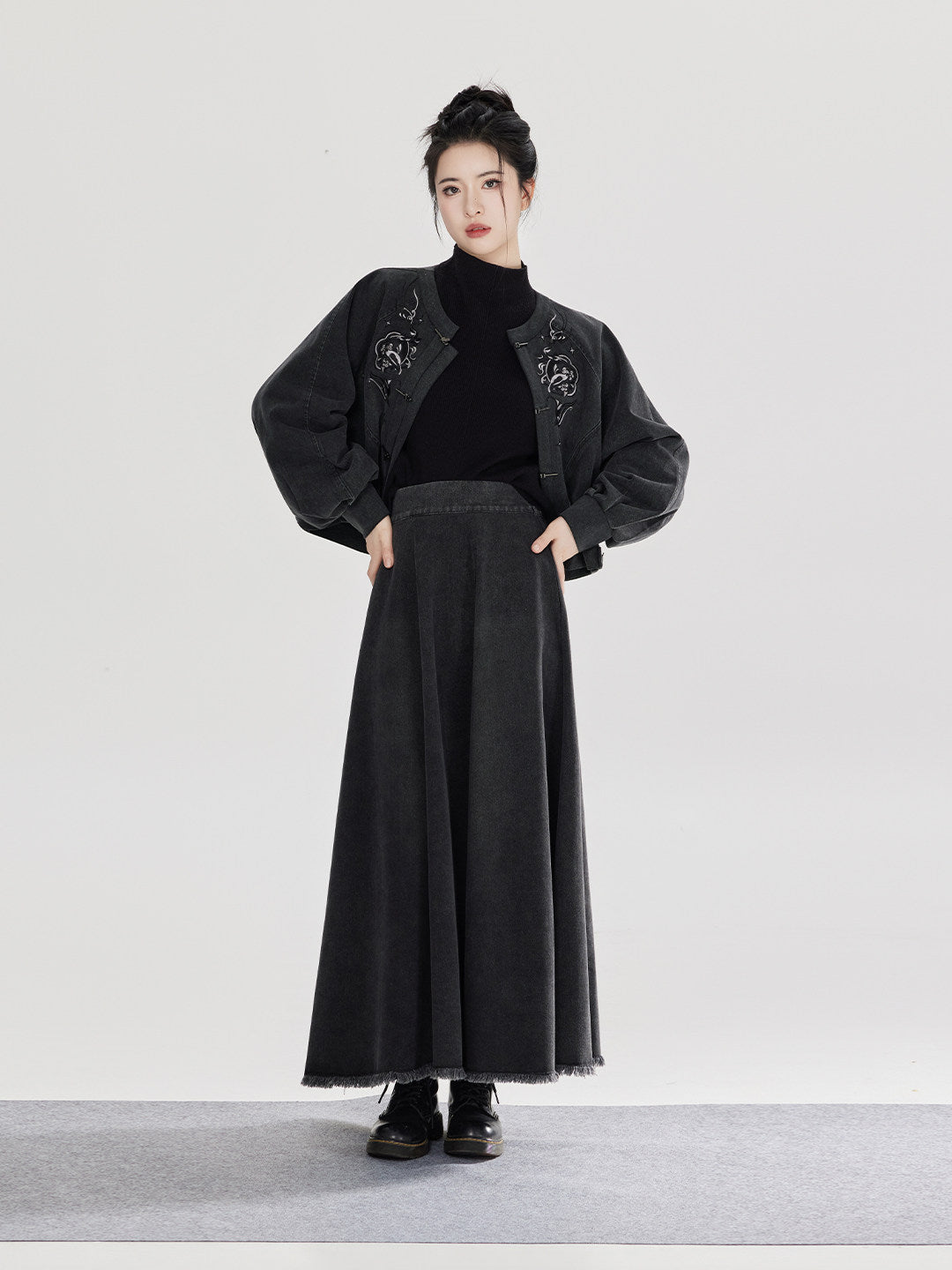 Yan Gui | New Chinese Style Retro Washed Denim Jacket and Skirt Set