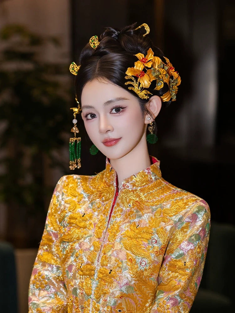 Golden Flower Phoenix Bridal Hairpin Tassel Chinese Wedding Hair Accessories for Hanfu Bride