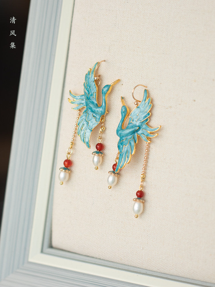 Crane Pearls Antique Earrings | Hanfu Jewelry