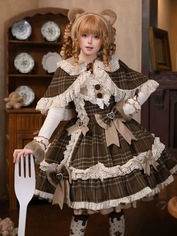 Choco Chestnut - Plaid Kawaii Lolita JSK Dress, Peter Pan Collar Cape