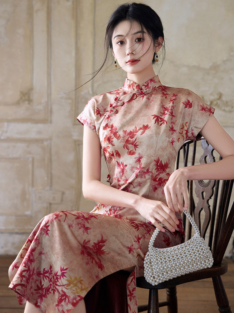 Short Sleeve Floral Midi Cheongsam | Mid Autumn