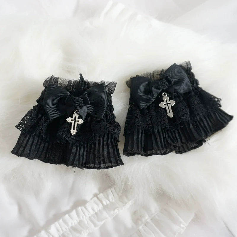 Gothic Lolita Cuffs Black Rose Lace Cross Stretch Handcuff