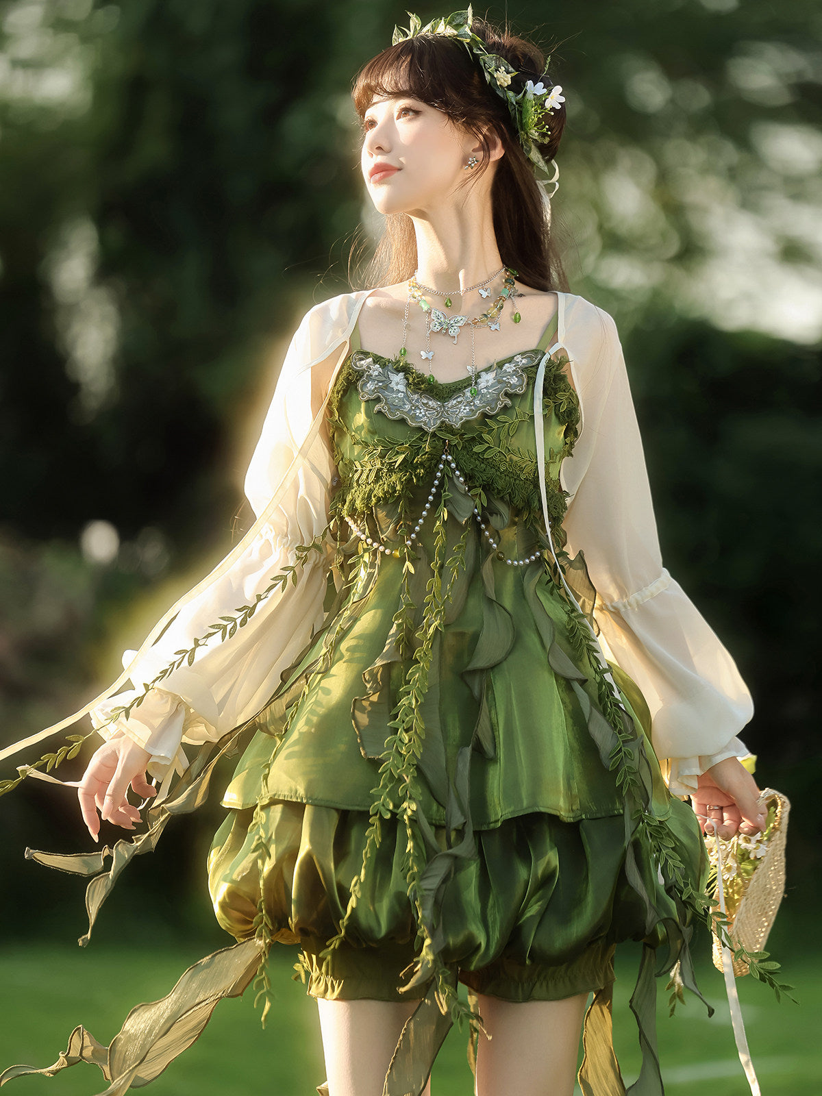 New Chinese Style Forest Green Slip Dress and Cardigan for Summer - Wizard of Oz 绿野仙踪