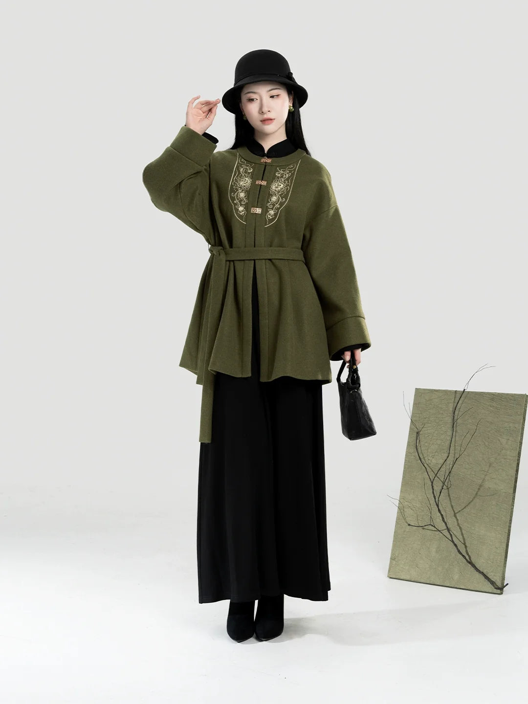 New Chinese Style Women A-Line Dress with Flared Sleeves - Moss Stone 苔石 (Preorder)