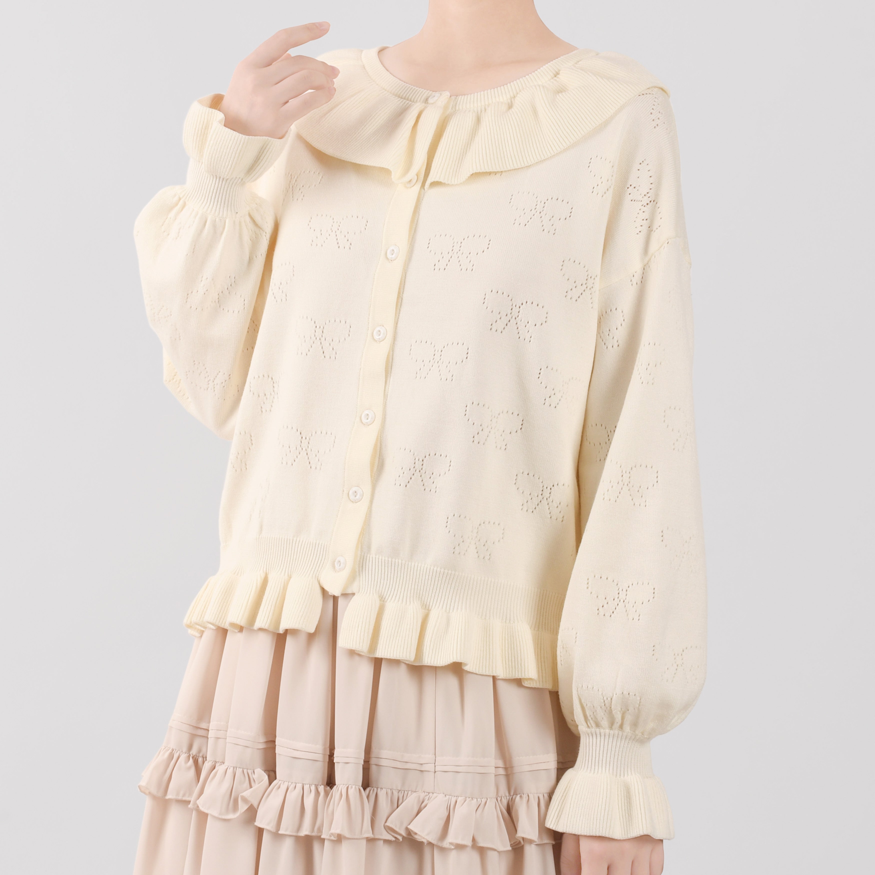 Vintage Lolita Bow Hollowed-out Sweater Ruffled Cardigan