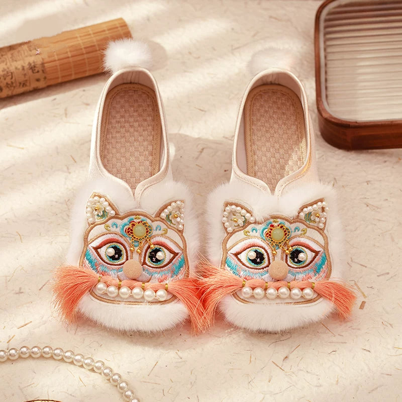 Lucky Tiger | Real Rabbit Fur Embroidered Shoes(福虎)