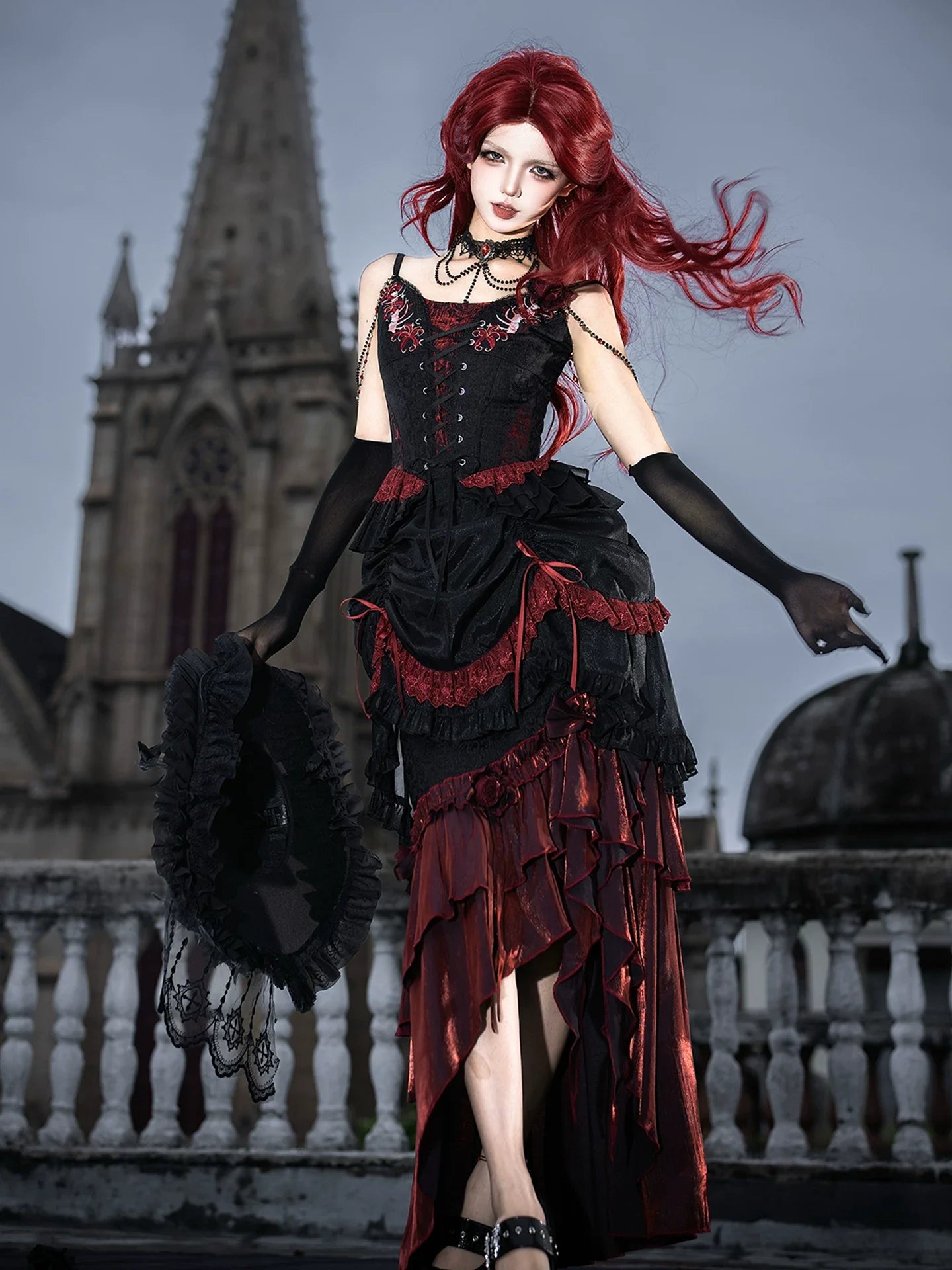 Bone Rot Bloom - Gothic Lolita Embroidered Camisole & Drawstring Lift-up Hem Skirt
