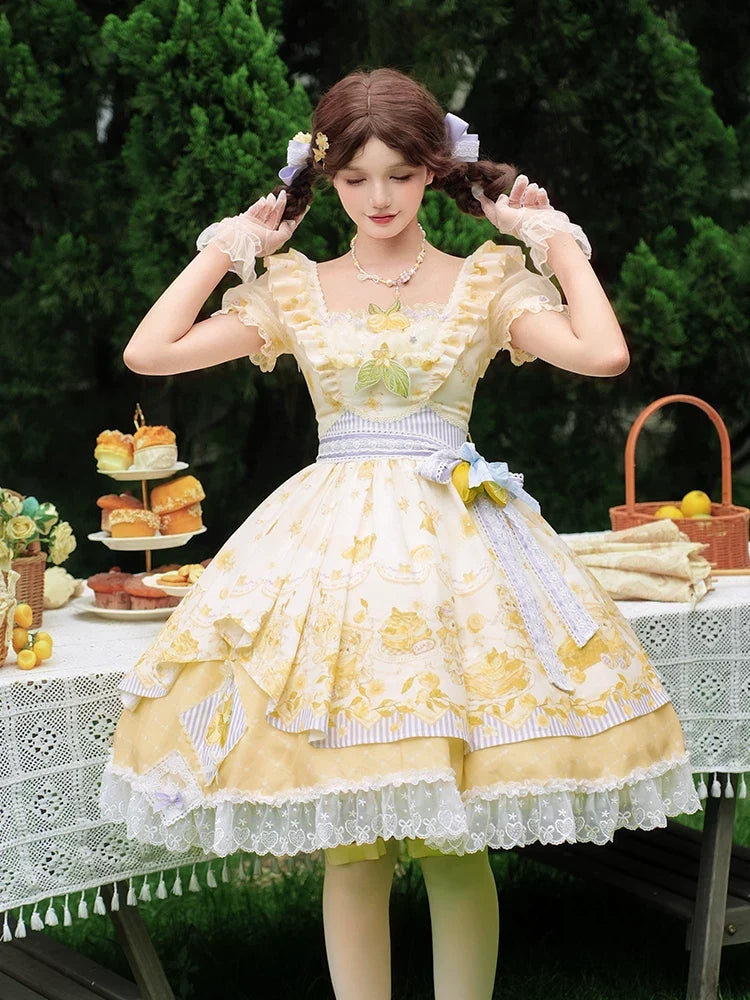 Lemon Drop - Classic Lolita Lemon & Bear Printed OP Dress