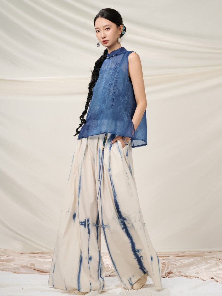 New Chinese Style Tie Dye High Waist Wide Leg Pants - Lanji 揽霁