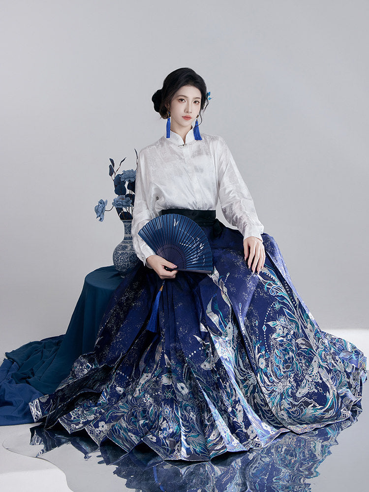 Ming Dynasty Modern Hanfu Long Sleeve Top and Mamian Skirt - Sparkling Jade 好多翠