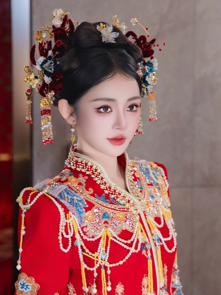 Crown of Crimson Dreams - Red Velvet Bridal Hairband with Tassel Hairpin Classical Chinese Wedding Hair Accessories for Hanfu and Xiuhe Bride