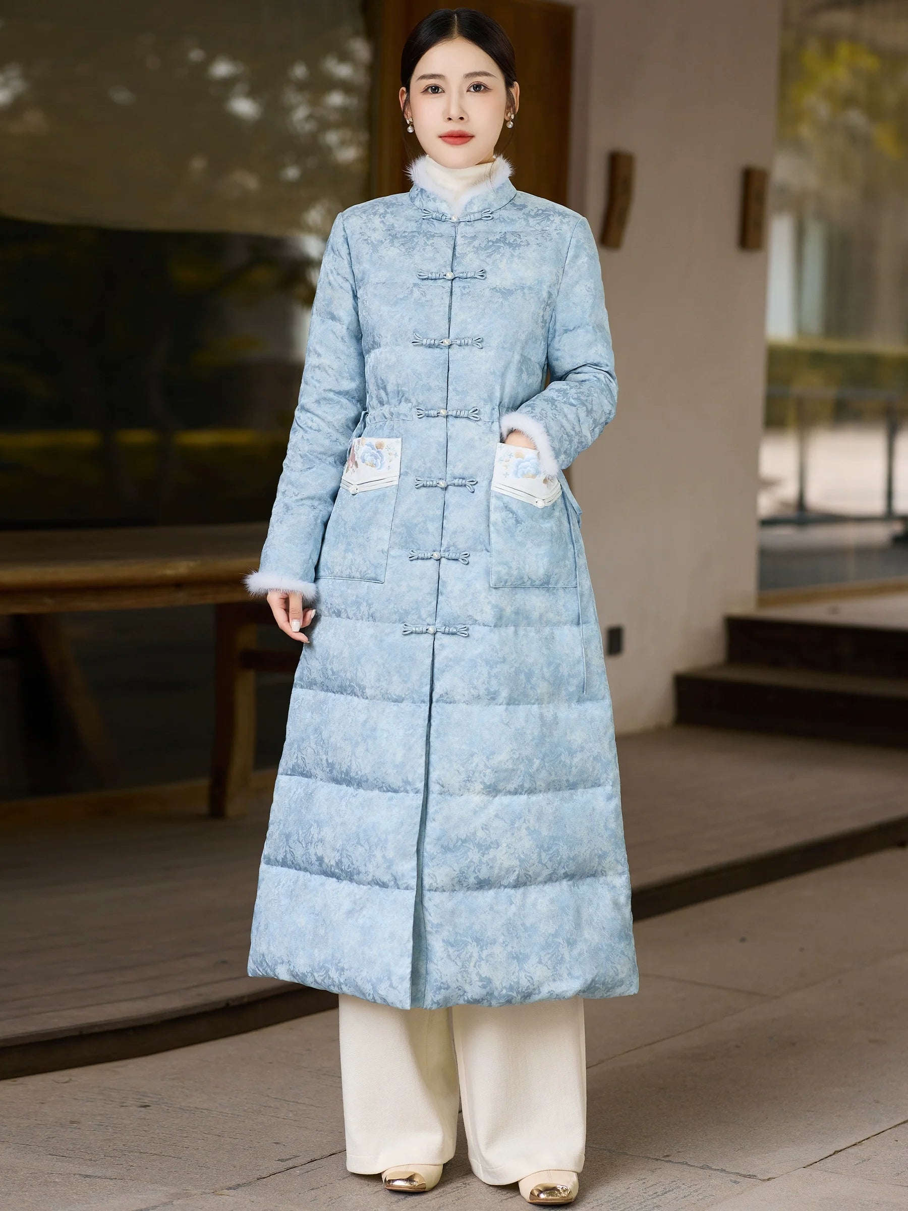Pine Smoke 松烟客 - Sky Blue Down Coat for Women with Frog Buttons, Qipao-Inspired Winter Outerwear