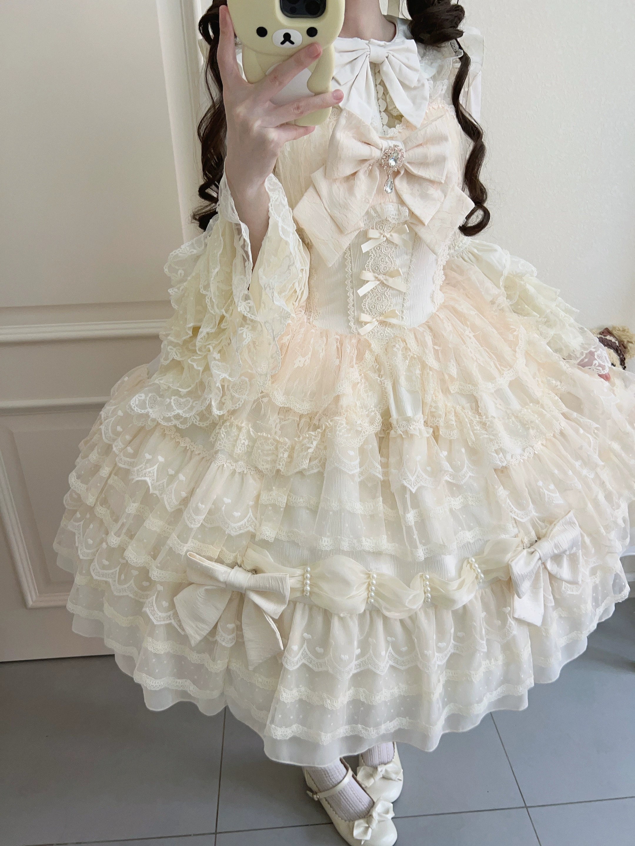 Dream Prelude - Dreamy Princess Lolita JSK Dress Suit, Tiered Lace Black
JSK + Back Trailing Bow S