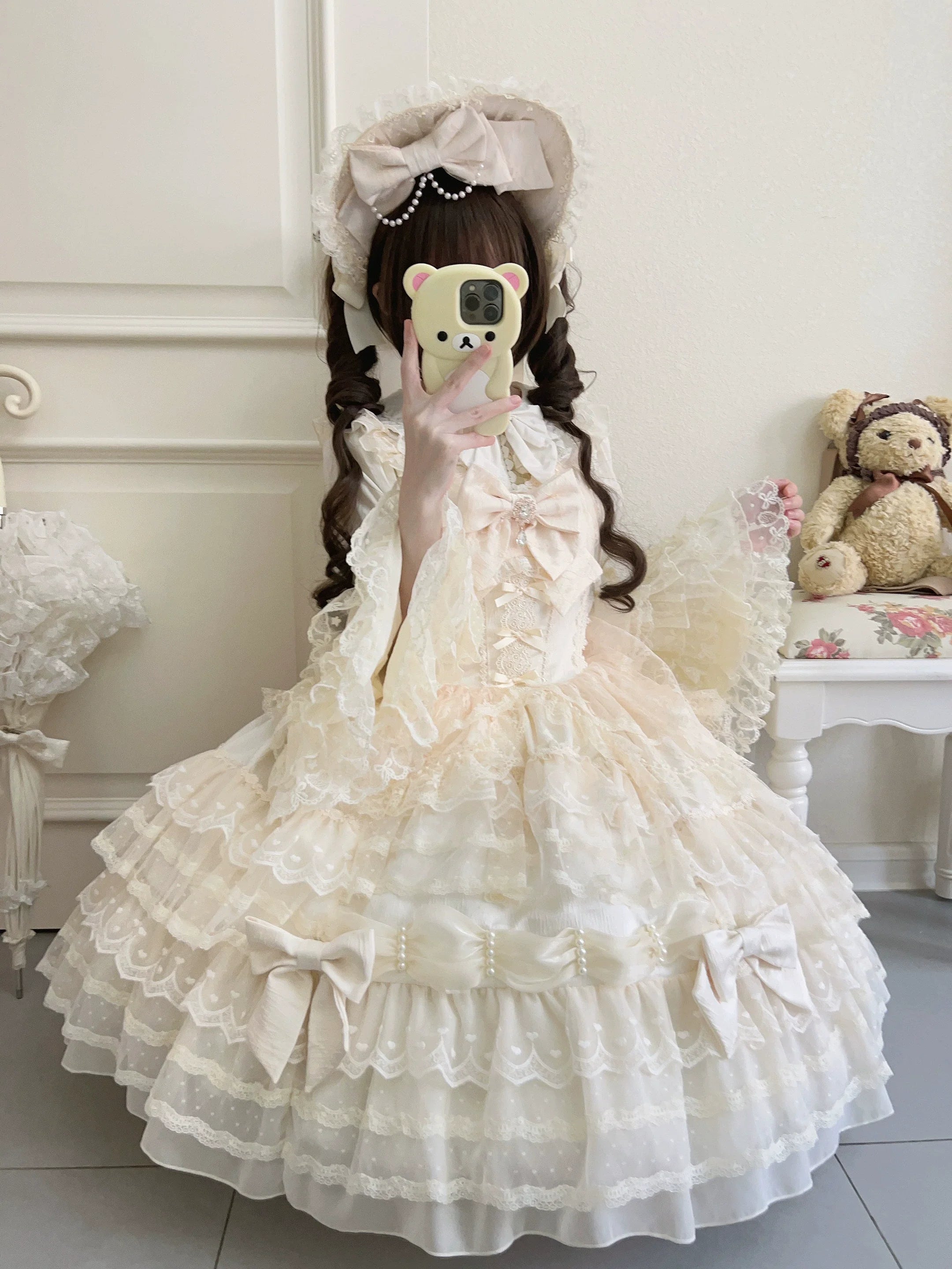 Dream Prelude - Dreamy Princess Lolita JSK Dress Suit, Tiered Lace Black
JSK + Back Trailing Bow S