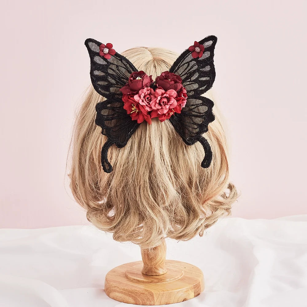 Sugar Time - Gothic Lolita Black Lace Wing Hairclips