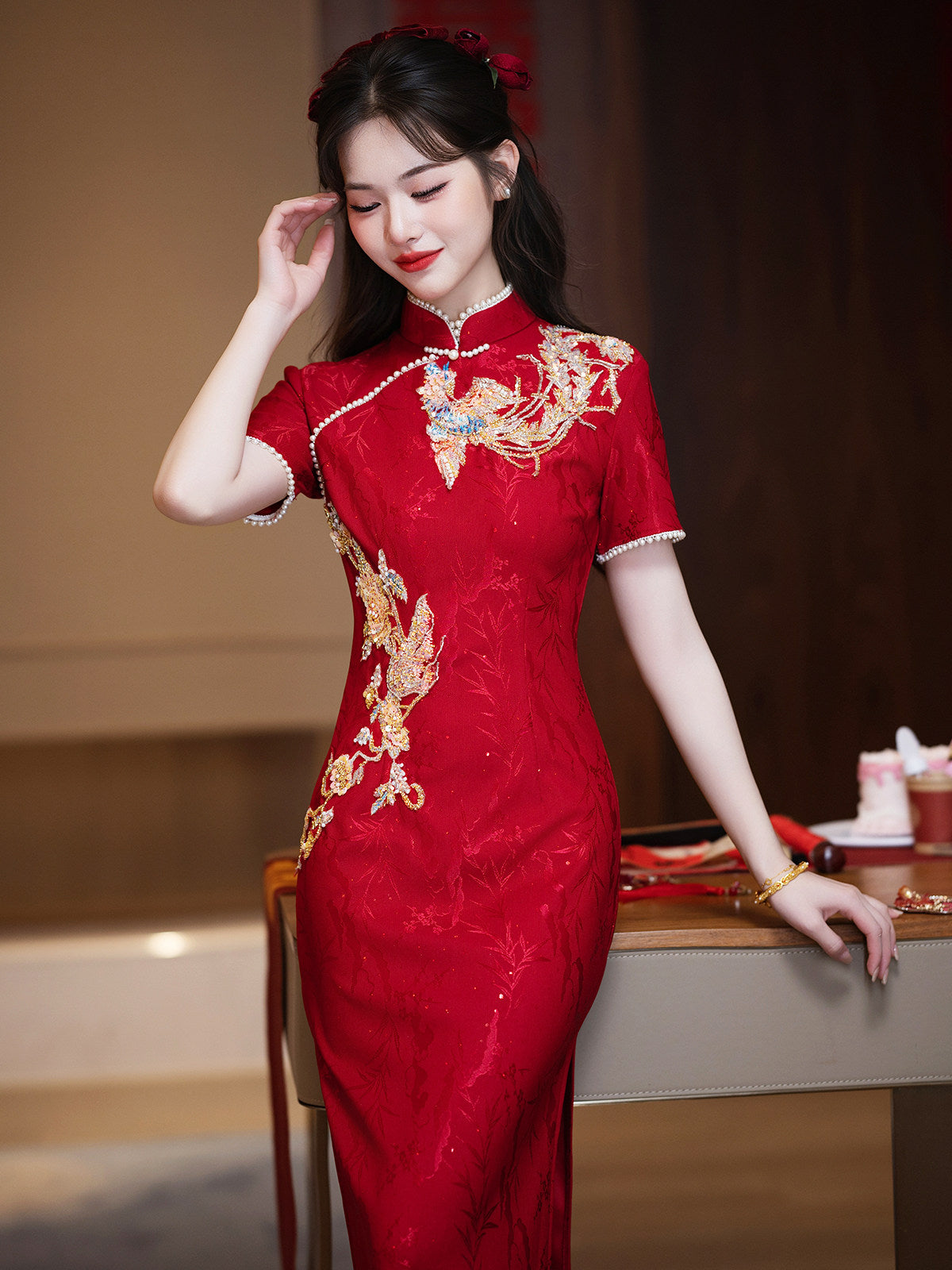 Chinese Wedding Engagement & Tea Ceremony Short Sleeve Cheongsam | Magpie Bridge