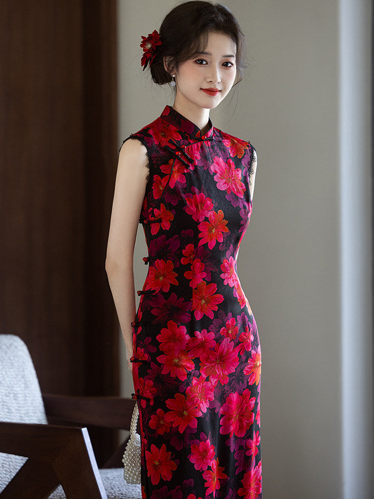 Sleeveless Floral Long Cheongsam | Hazel