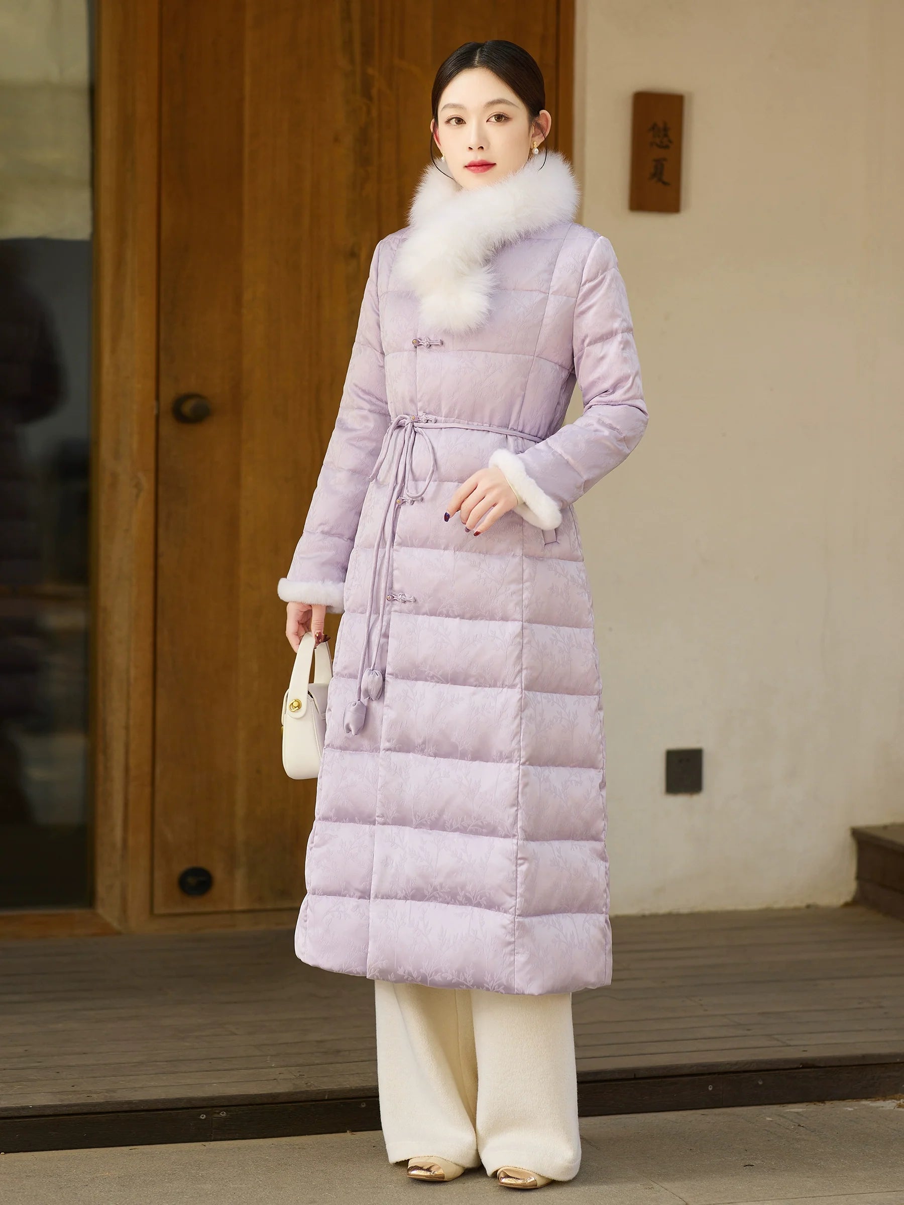 Pavilion Ink 兰亭墨 - Lilac Down Coat for Women with Frog Buttons, Qipao-Inspired Winter Outerwear