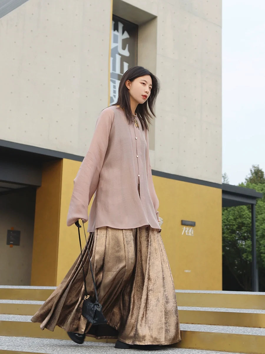 Chongyu 重羽 - Round Collar Loose Autumn Hanfu Shirt with Elastic Mamianqun
