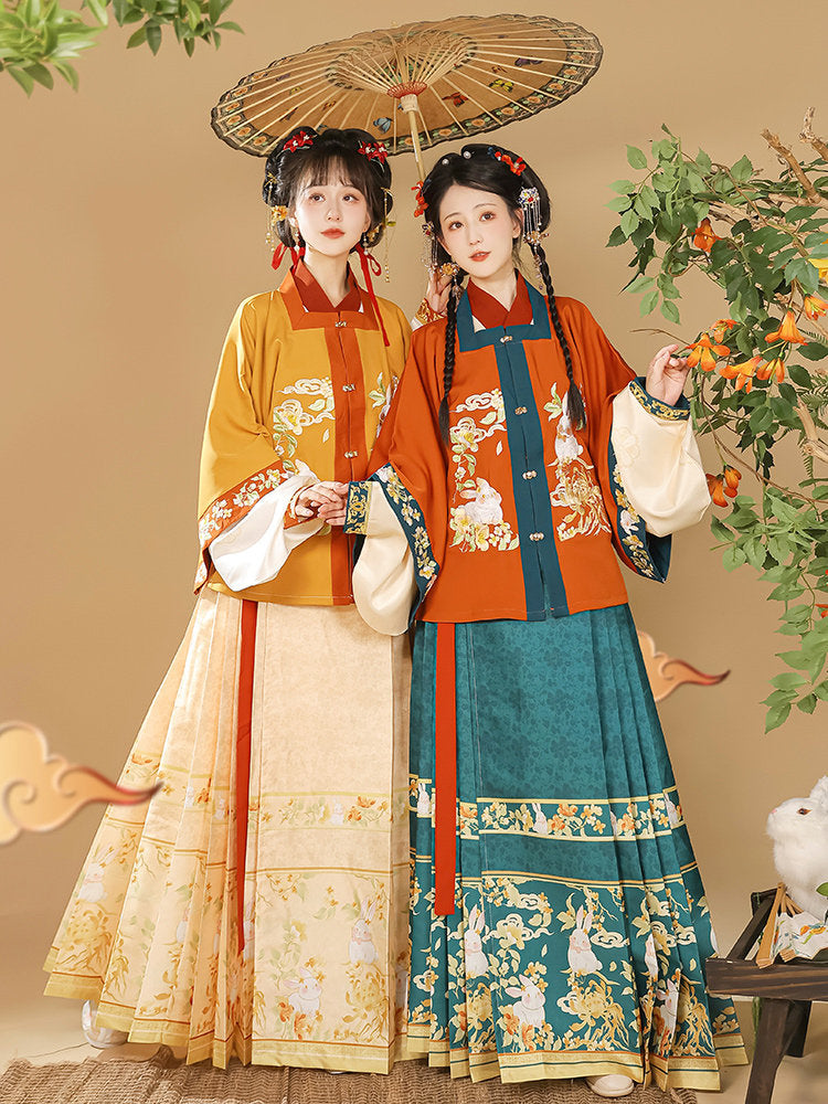 Ming Dynasty Embroidered Square Collar Jacket & Printed Mamian Skirt | Money Rabbit 钱兔