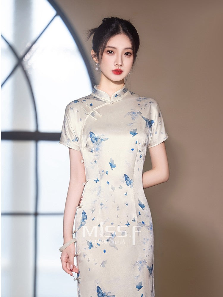 Short Sleeve Butterfly Long Cheongsam | Late Dream