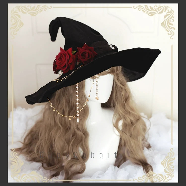 Gothic Lolita Witch Hat Velvet Halloween Hat Wide Brim