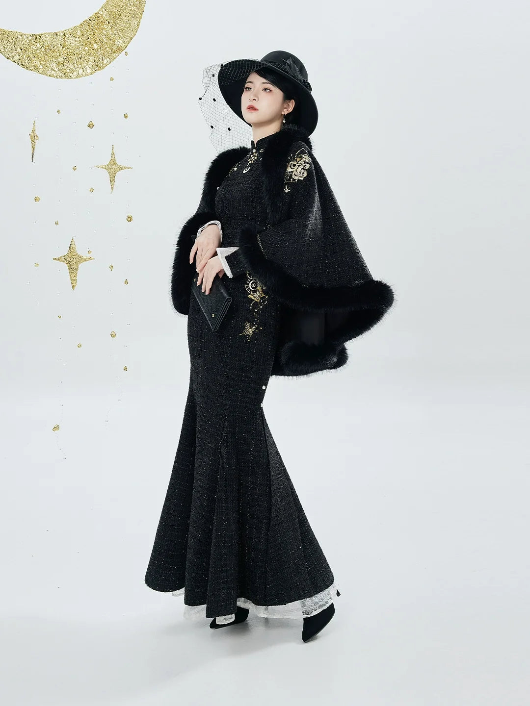 New Chinese Style Embroidered Cloak Qipao Mermaid Dress - Sun and Moon 日月同姝 (Preorder)