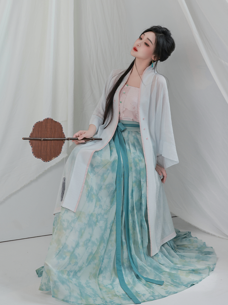 Song Dynasty Modern Hanfu Changgan Temple Cardigan and Pleated Skirt - Lotus Flowers 荷花娇 (Preorder)