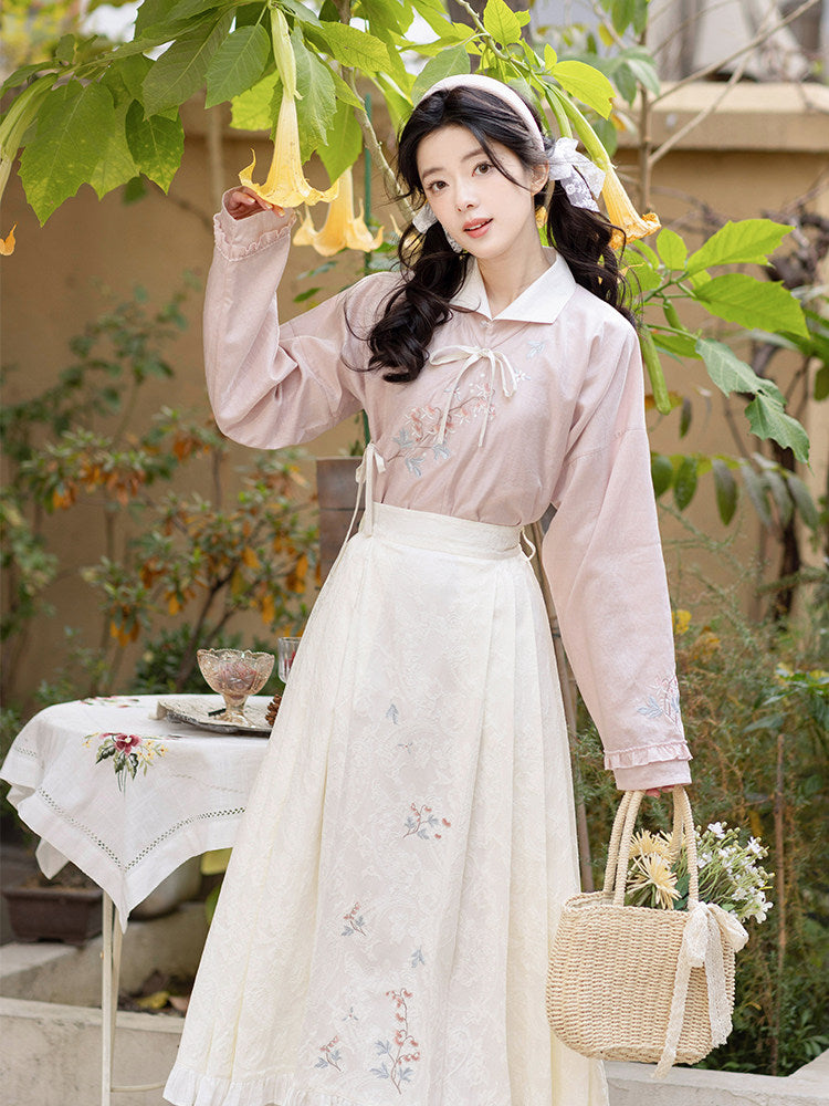 Ming Dynasty Lapel Tencel Short Shirt and Elastic Mamian Skirt - Fish Peony 鱼儿牡丹 (Preorder)