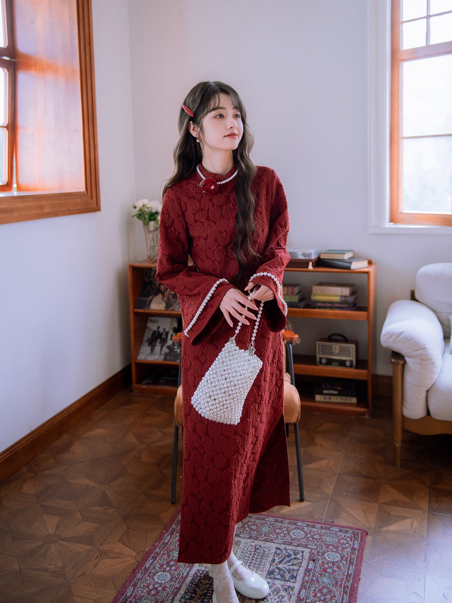 Long Sleeve Long Cheongsam with Pearls | Jinse