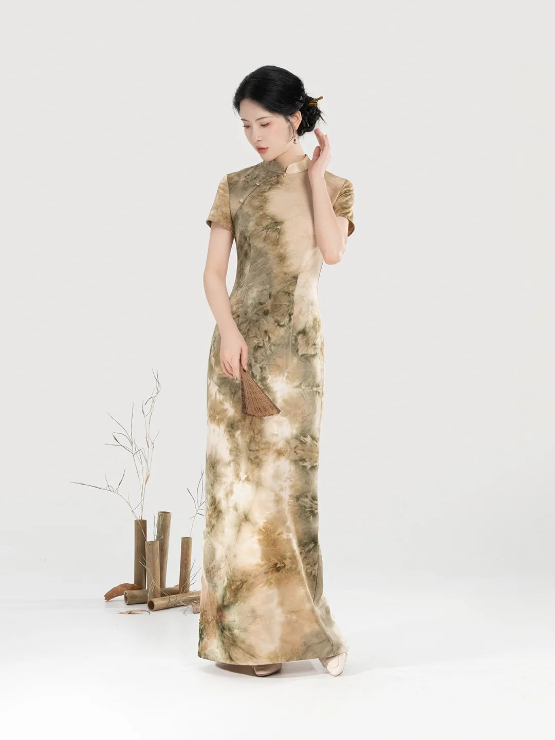 New Chinese Style Short Sleeve Qipao Jacquard Tie-Dye Summer Dress - Misty Green Hills 青山雾 (Preorder)