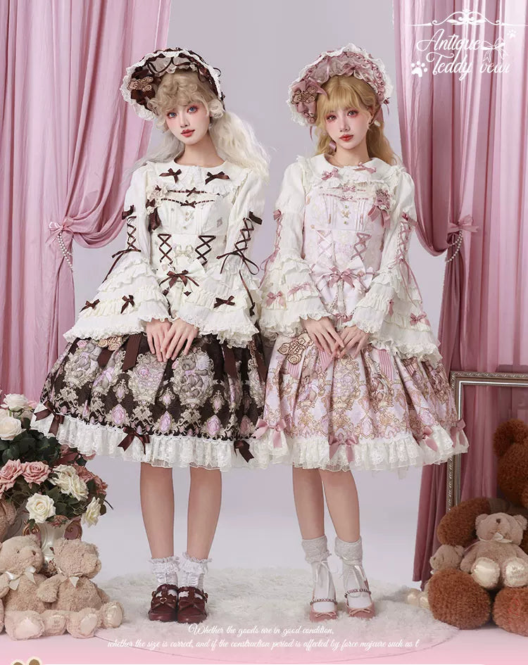 Antique Teddy Bear - Classic Lolita Printed JSK Dress with Ribbon Bows