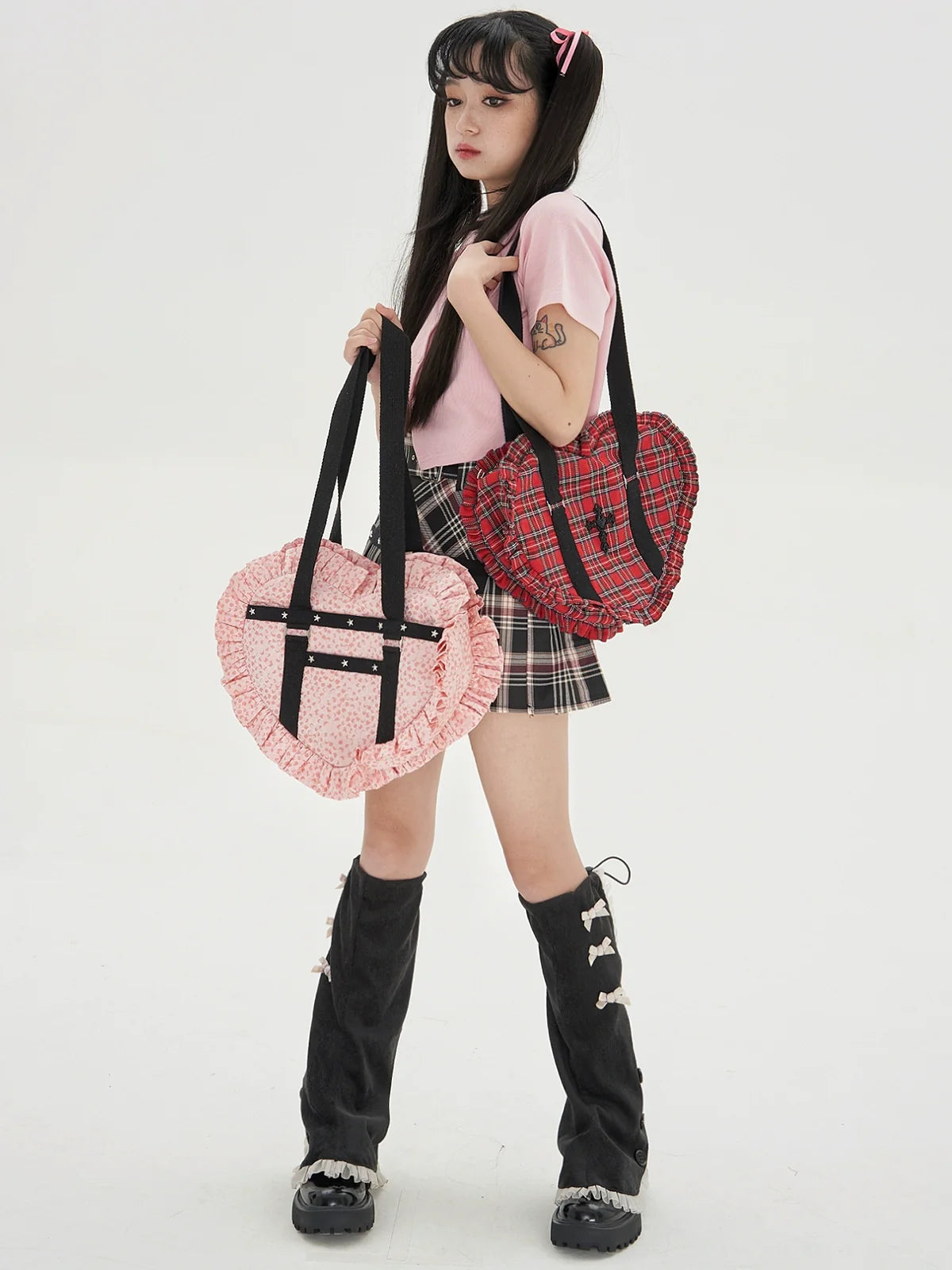 SOS MEME CLUB - Vintage Lolita Heart Shaped Plaid Dot Print JK Uniform Bag