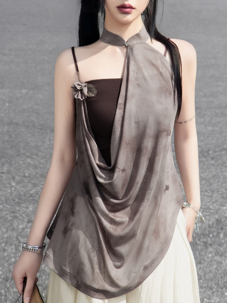 New Chinese Style Camisole and Cheongsam Halter Neck Top - Qianka 浅咖 (Preorder)