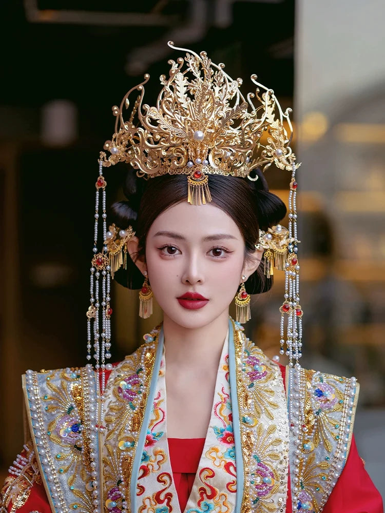 Song of the Golden Phoenix - Crown Bridal Headpiece Long Tassel Chinese Wedding Hair Accessories for Hanfu Bride