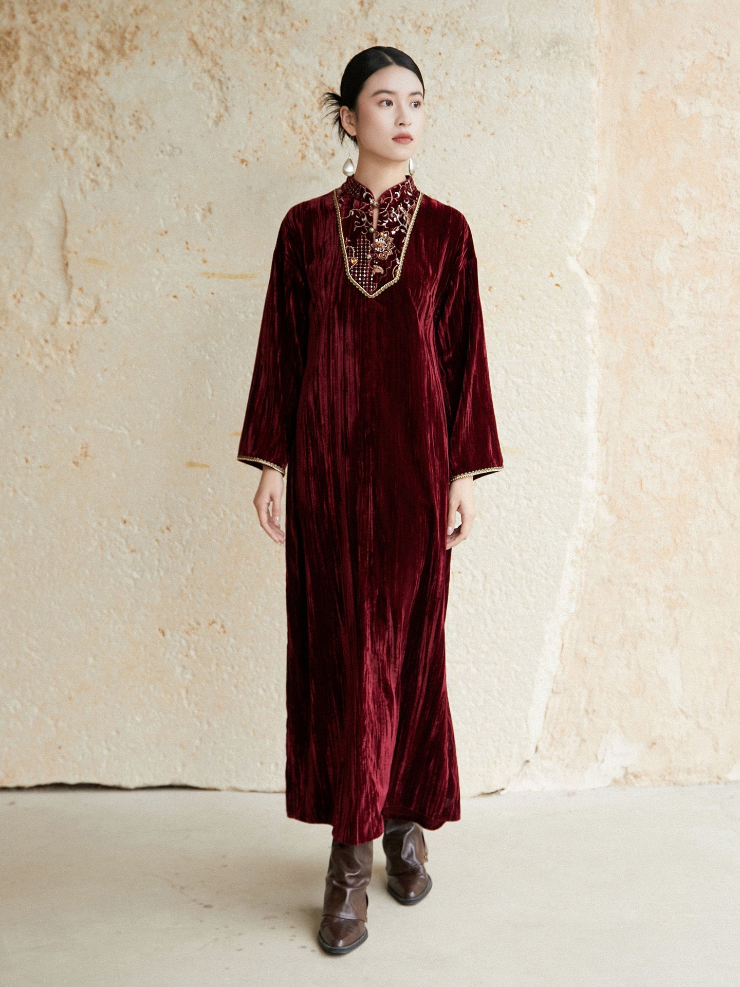 Festive Embroidered Velvet Dress for Engagement, Tea Ceremony or Chinese New Year - Soft Sunset 浅霞