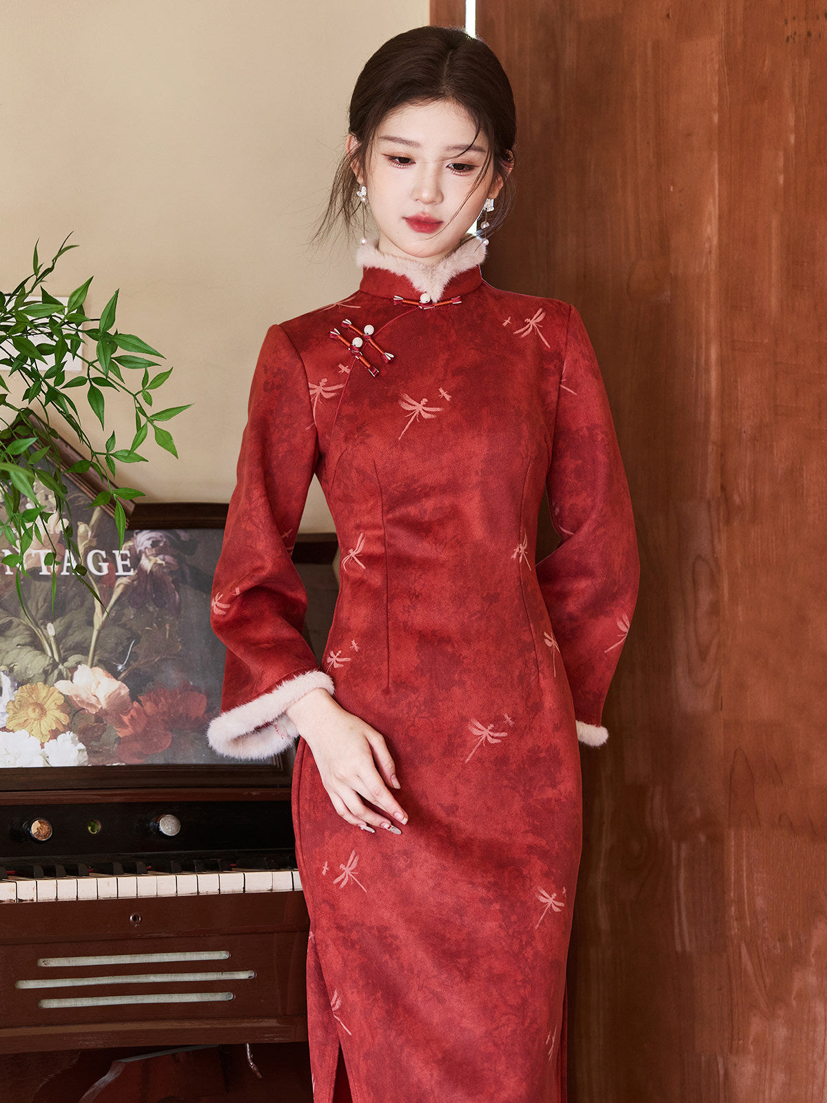 Chinese Wedding Engagement & Tea Ceremony Long Sleeve Cheongsam | Dragonfly