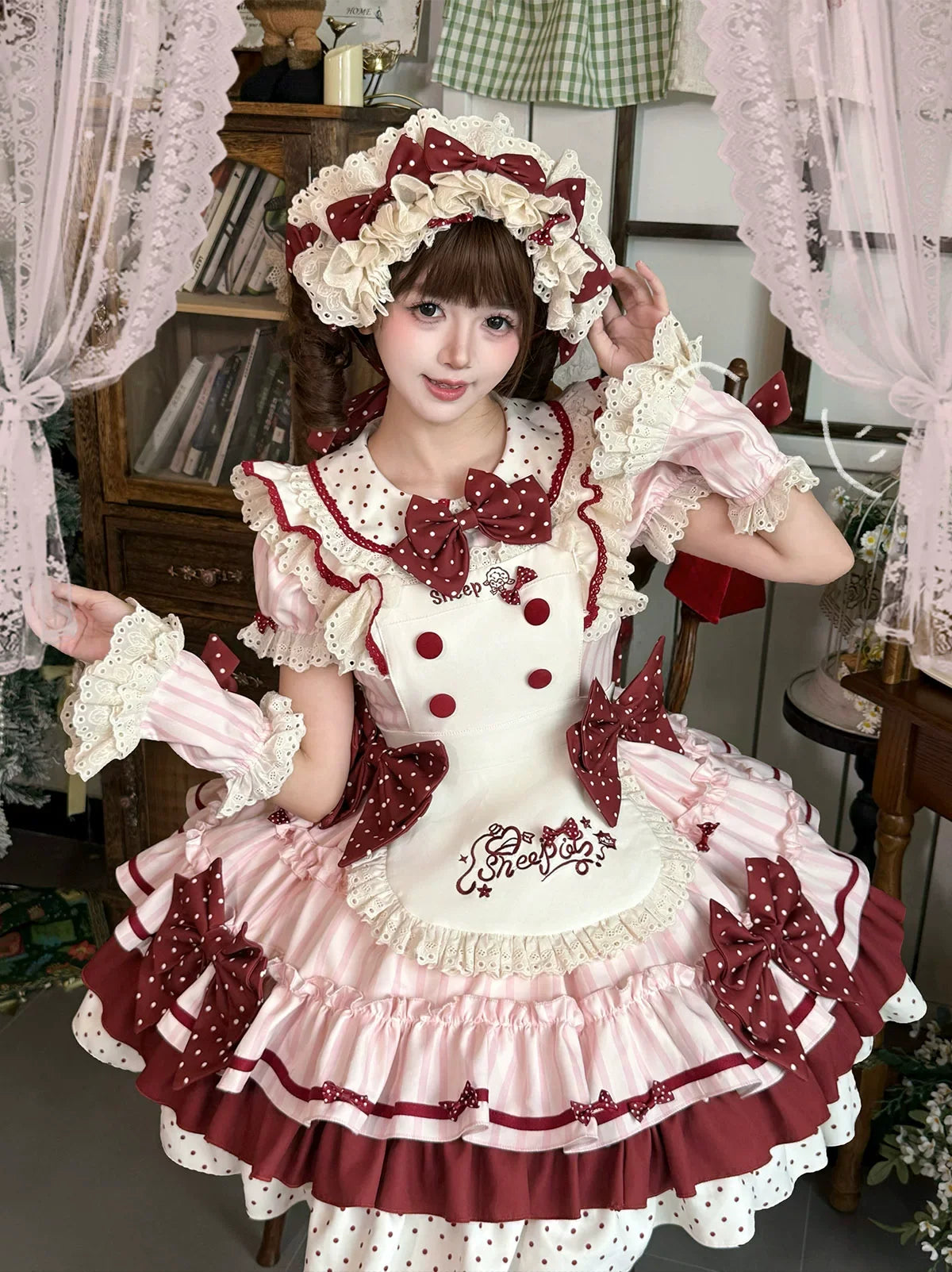 Honeyed Oath - Sweet Lolita Polka Dot OP Dress, Detachable Apron