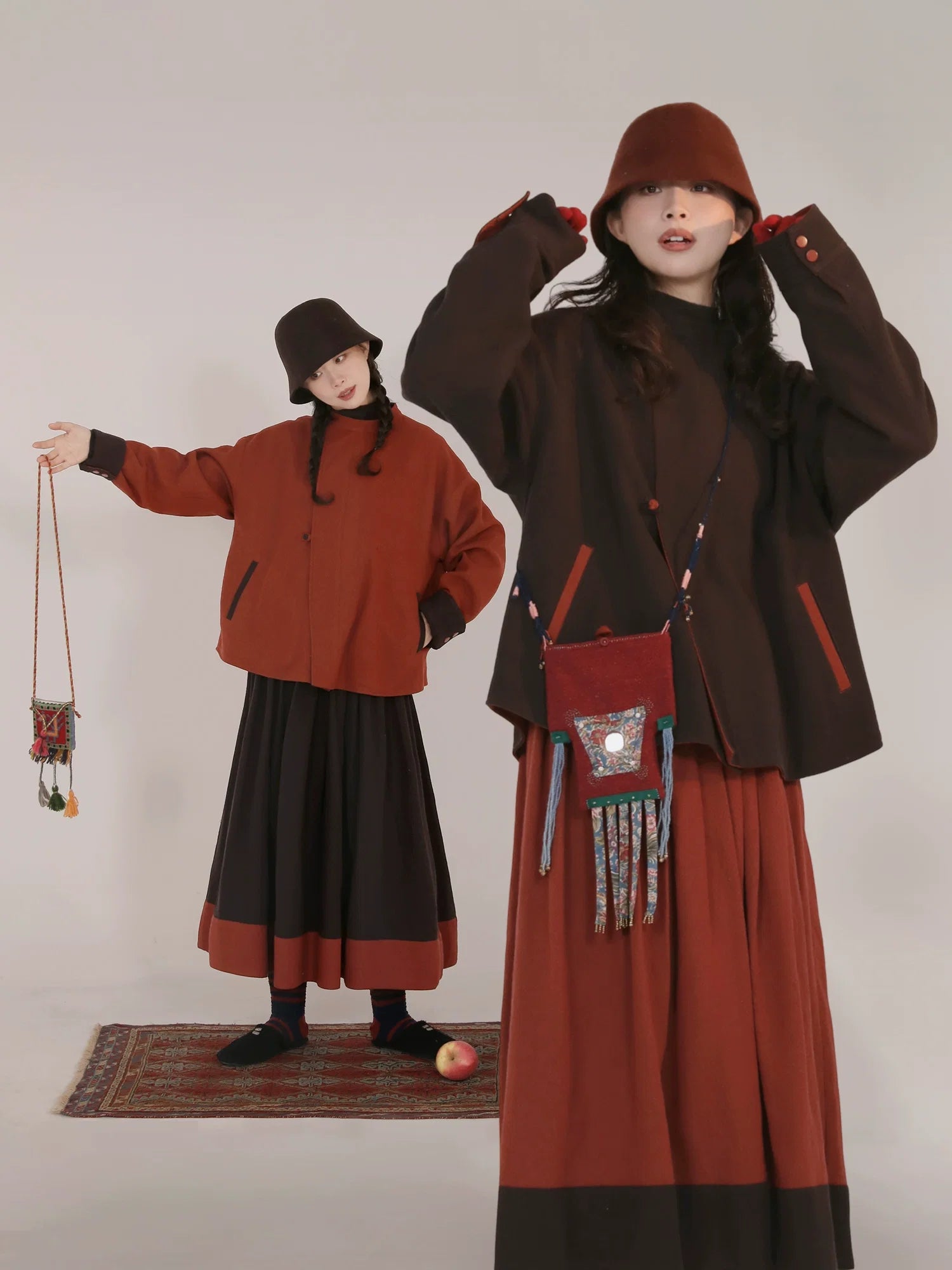 Wumu Hongzhong 乌木红棕 Ebony Red Modernized Tang Double-Sided Cotton Quilt Yuanling Coat & Zhequn Skirt Set