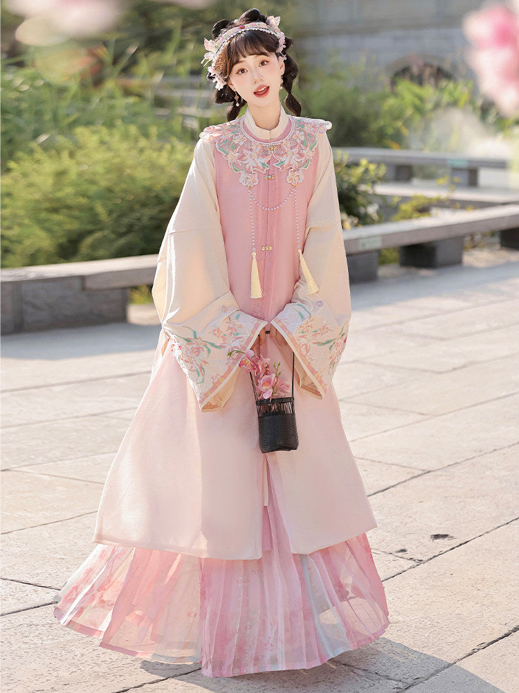 Ming Dynasty Bijia Vest & Printed Pleated Skirt | Moon and Evening Flowers 月夕花晨