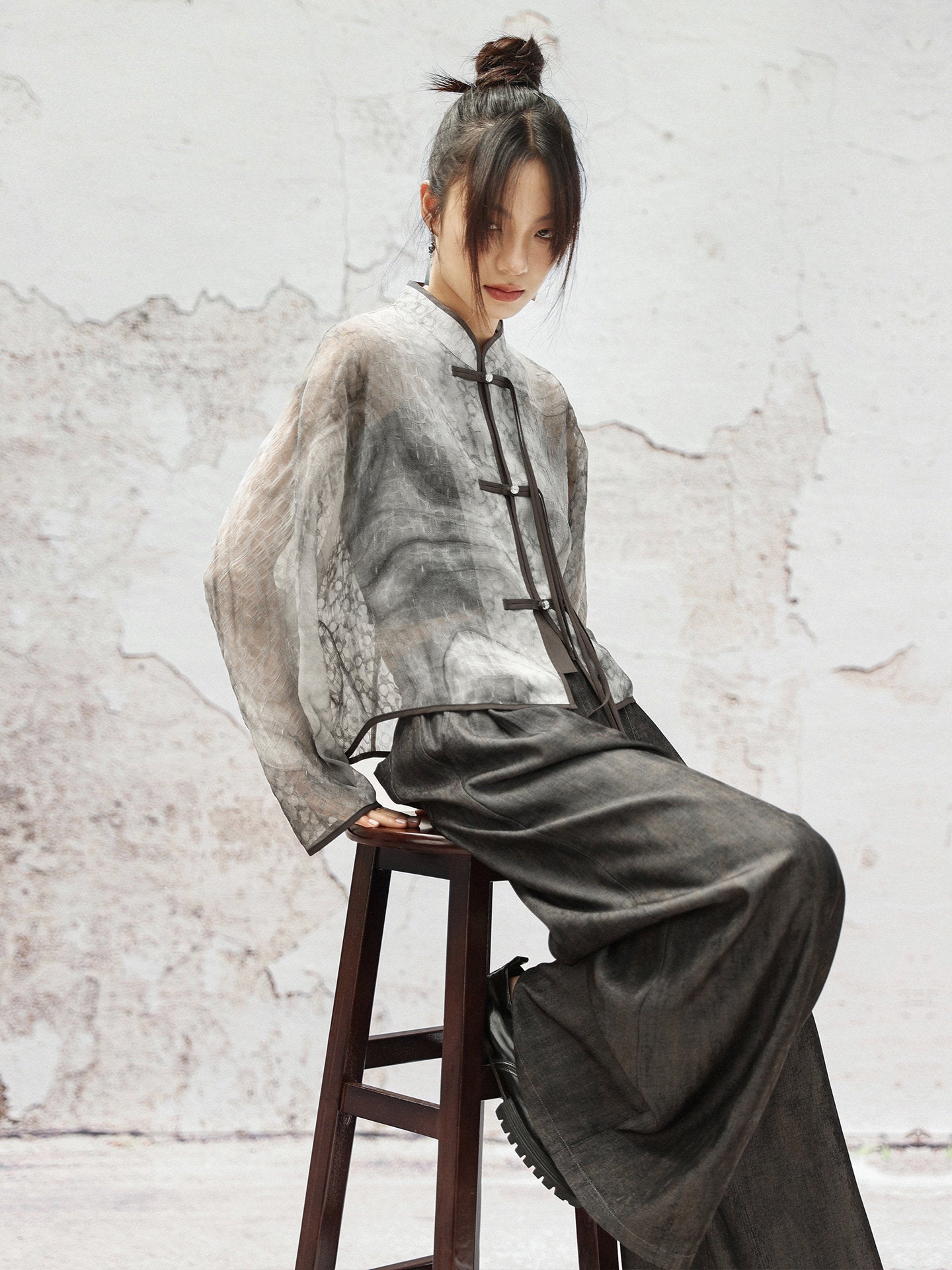 New Chinese Style Graphite Print Buckle Top Jacket