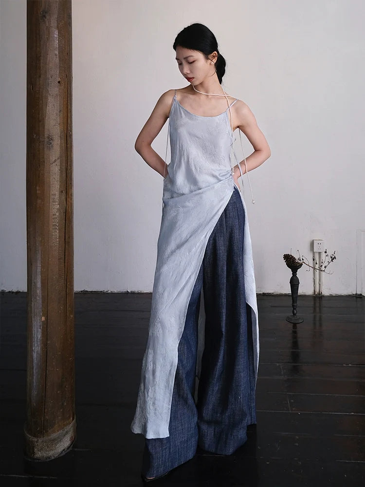 Yushu Luo 玉黍螺 Periwinkle New Chinese Style Bias Cut Satin Jacquard Two-Way Dress