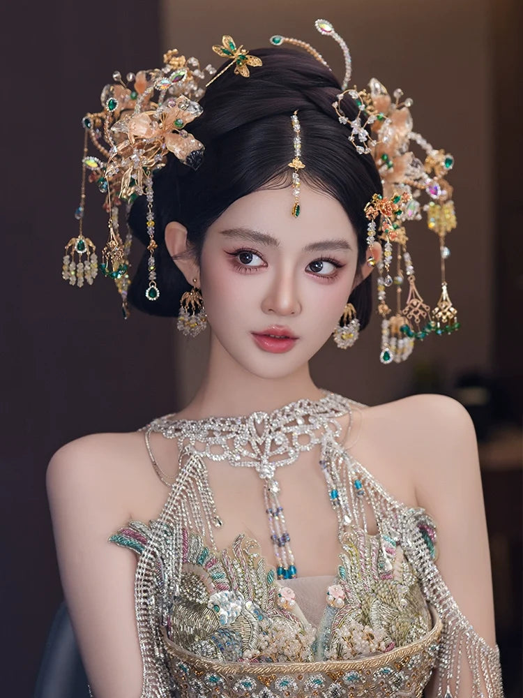 Champagne Bridal Hair Accessories Exquisite Forehead Pendant Headpiece for Chinese Wedding Xiuhe and Hanfu Bride
