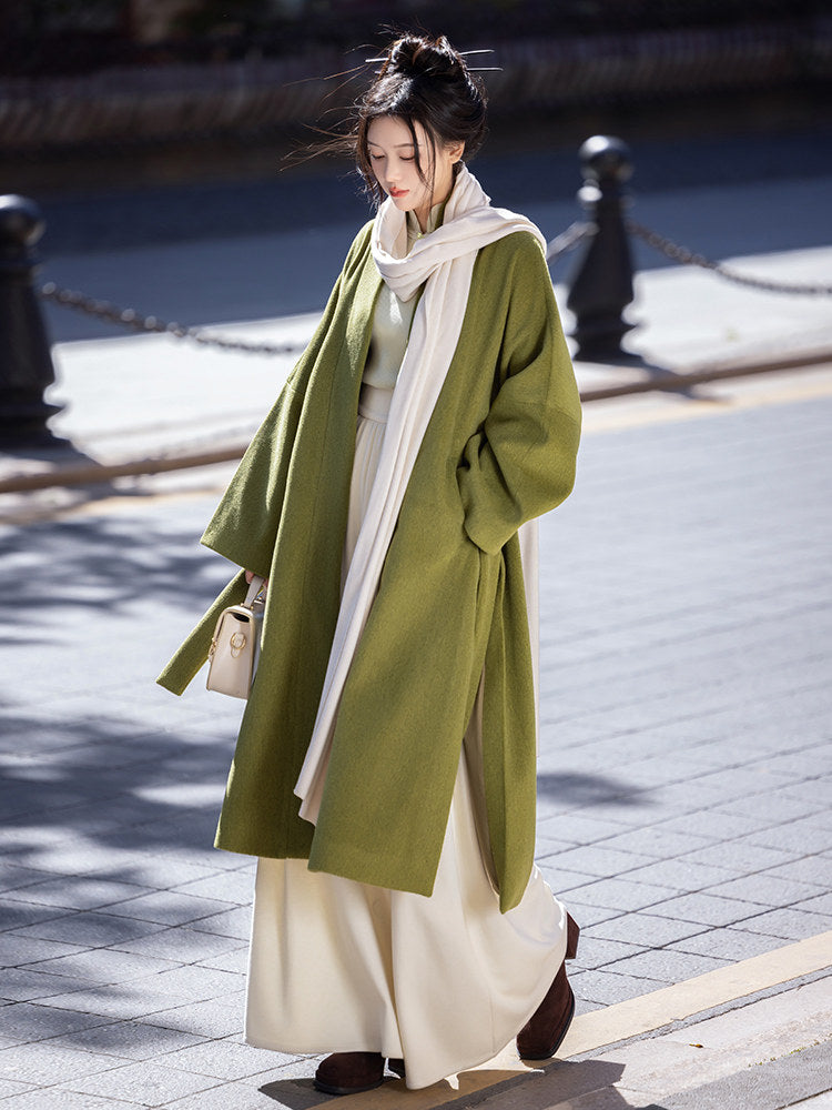 Song Dynasty Modern Hanfu Jacket and Wide Leg Pants for Autumn and Winter - Moss Green 苔藓绿 (Preorder)