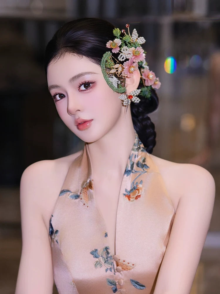 Romantic Pink Floral Bridal Hair Accessories Fairy-Style Chinese Wedding Headpiece for Xiuhe and Cheongsam Bride