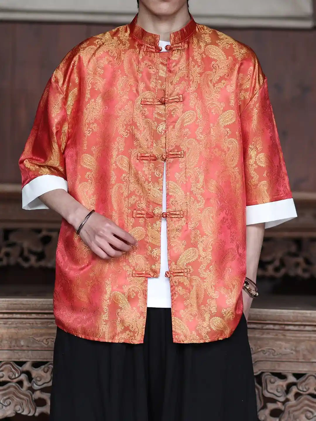 Modern New Chinese Style Men's Half Sleeve Jacquard Tang Shirt