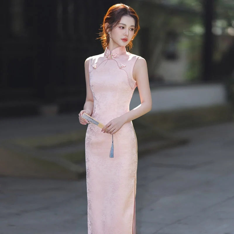 Pastel Pink Sleeveless Modern Jacquard Qipao