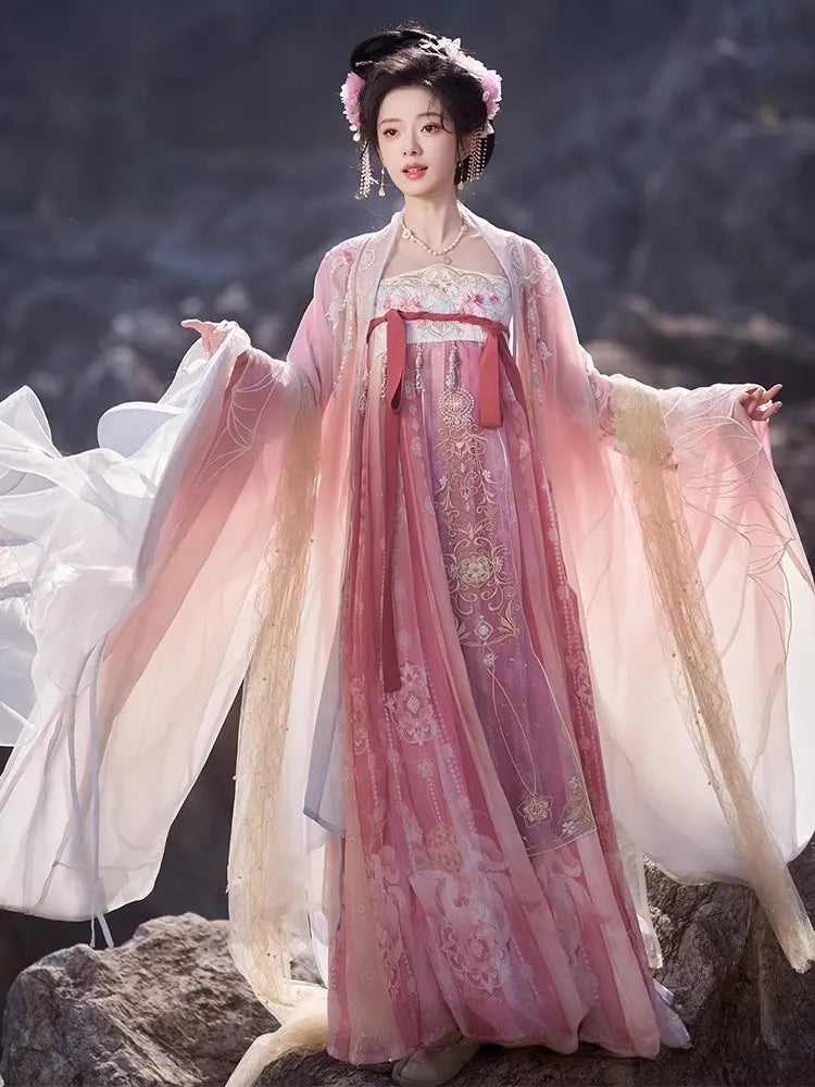 Pink Embroidered Flowing Tang Dynasty Hanfu Dress