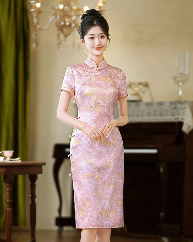 Pink Floral Mulberry Silk Short Sleeves Qipao Dress